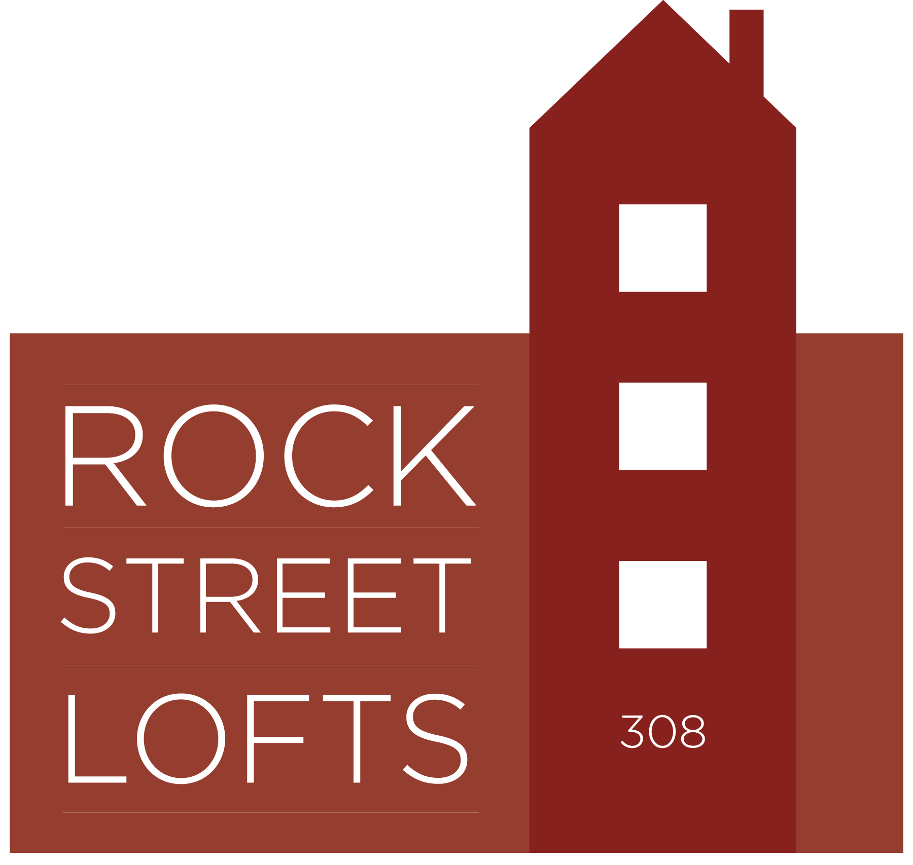 Rock Street Lofts logo. Red building outline with white square windows. Text: Rock Street Lofts, and number 308.
