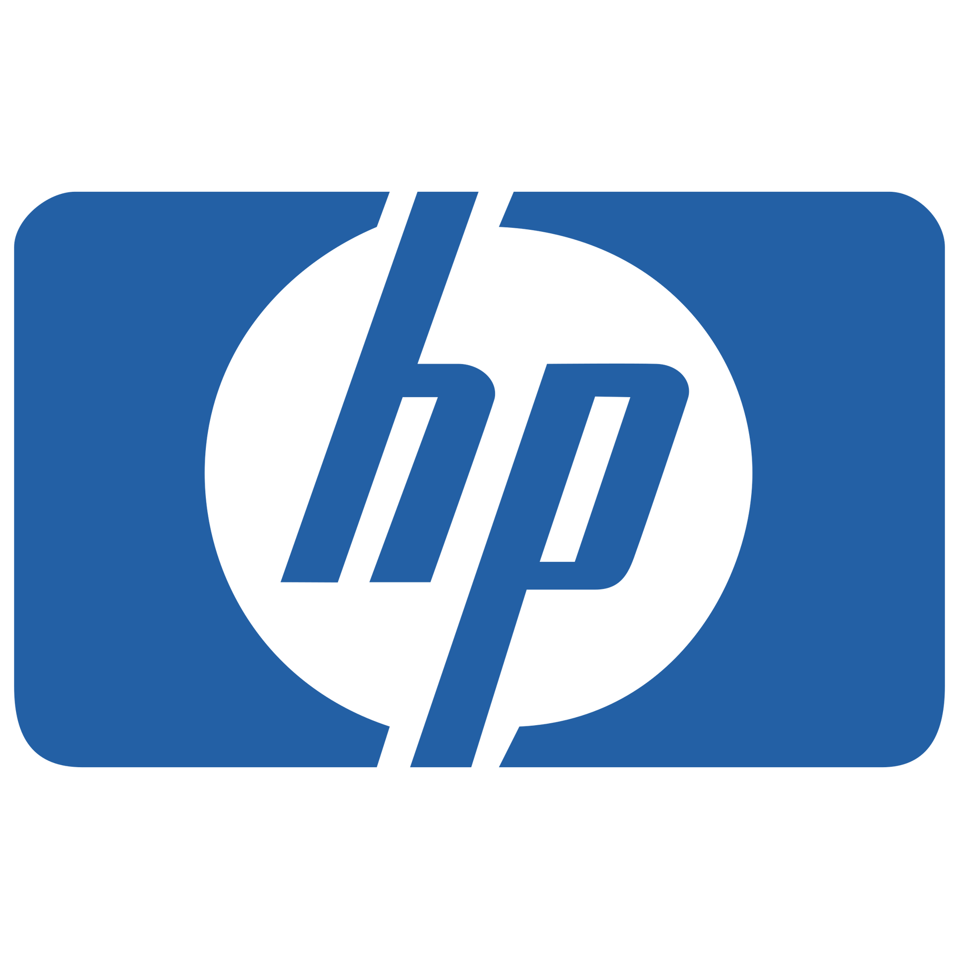 A blue and white hp logo on a white background