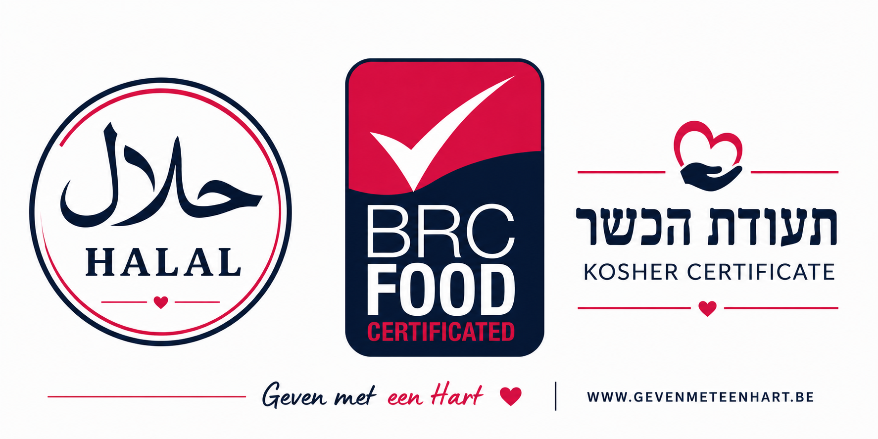 Halal-, BRC Food- en Kosher-certificeringslogo's.