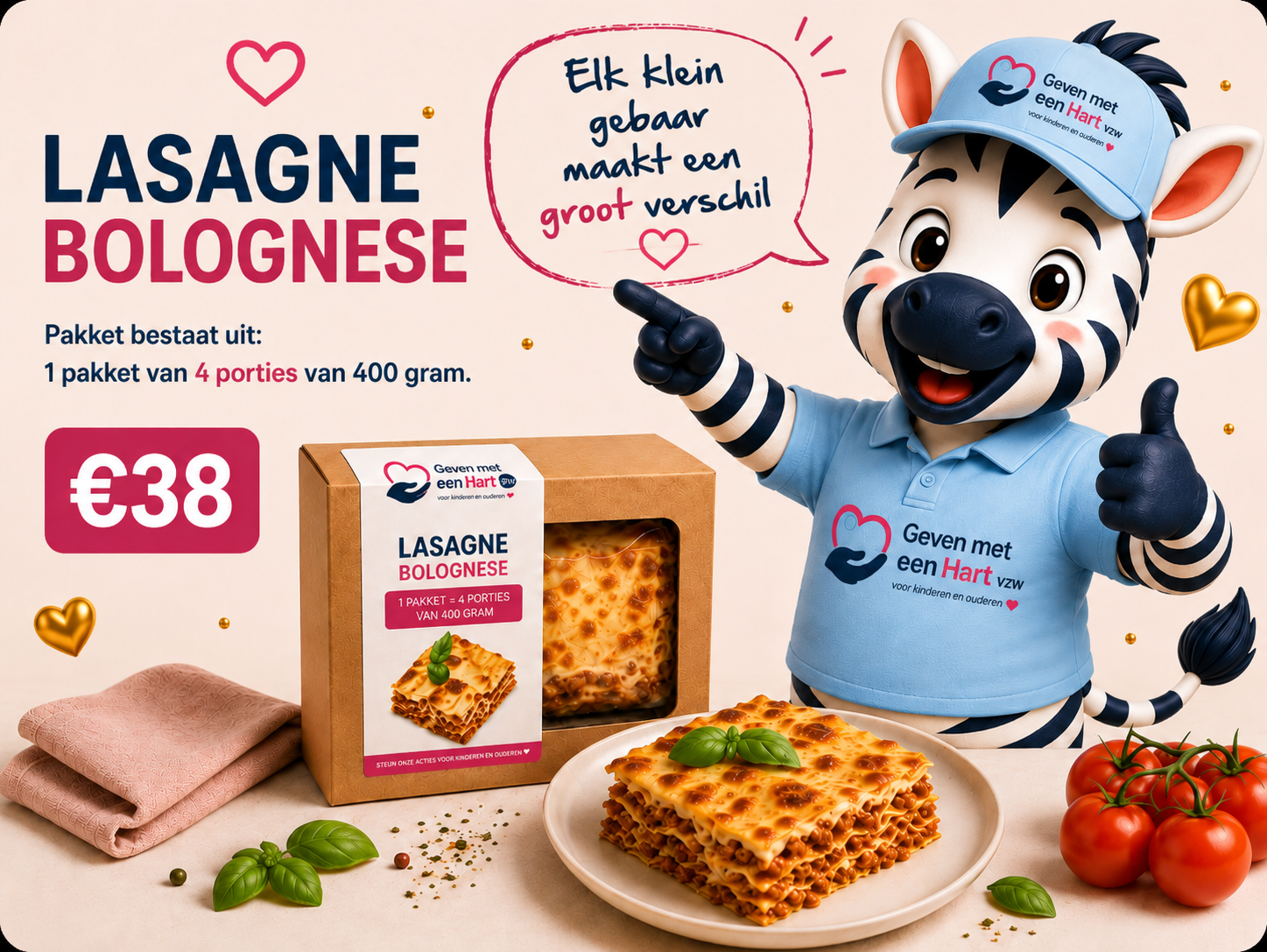 Een lasagnepunt met een goudbruine bovenkant, lagen vlees en kaas, gegarneerd met basilicumblaadjes.