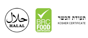 Halal-, BRC Food- en Kosher-certificeringslogo's.