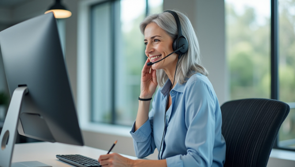A woman wearing a headset is sitting in front of a computer.