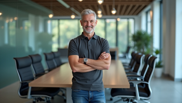 A man is standing in a conference room with his arms crossed.