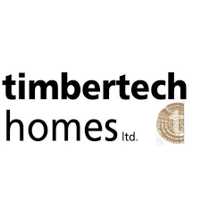 The logo for timbertech homes ltd. is a black and white logo with a wooden stump in the middle.
