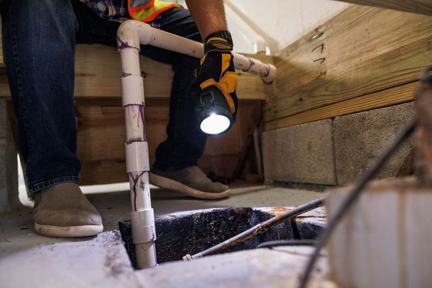 Person with a flashlight inspecting plumbing in a crawl space Person with a flashlight inspecting plumbing in a crawl space
