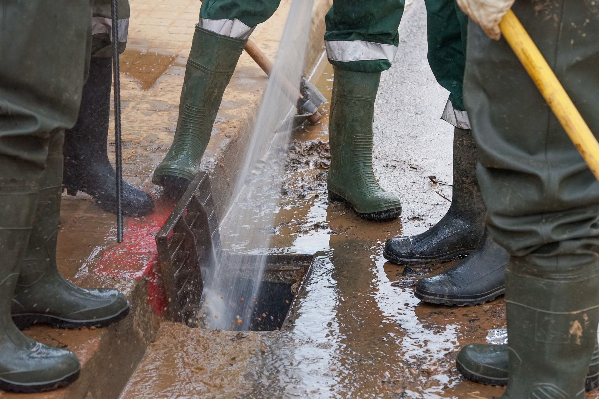Workers in green boots cleaning a street drain with water Workers in green boots cleaning a street drain with water