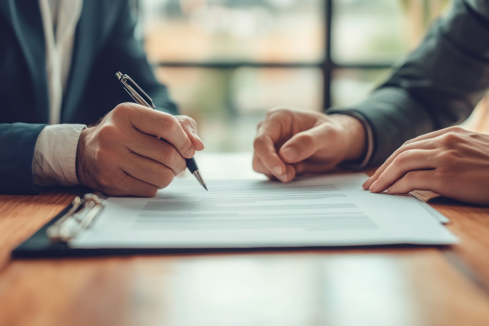 A man and a woman are sitting at a table signing a document.