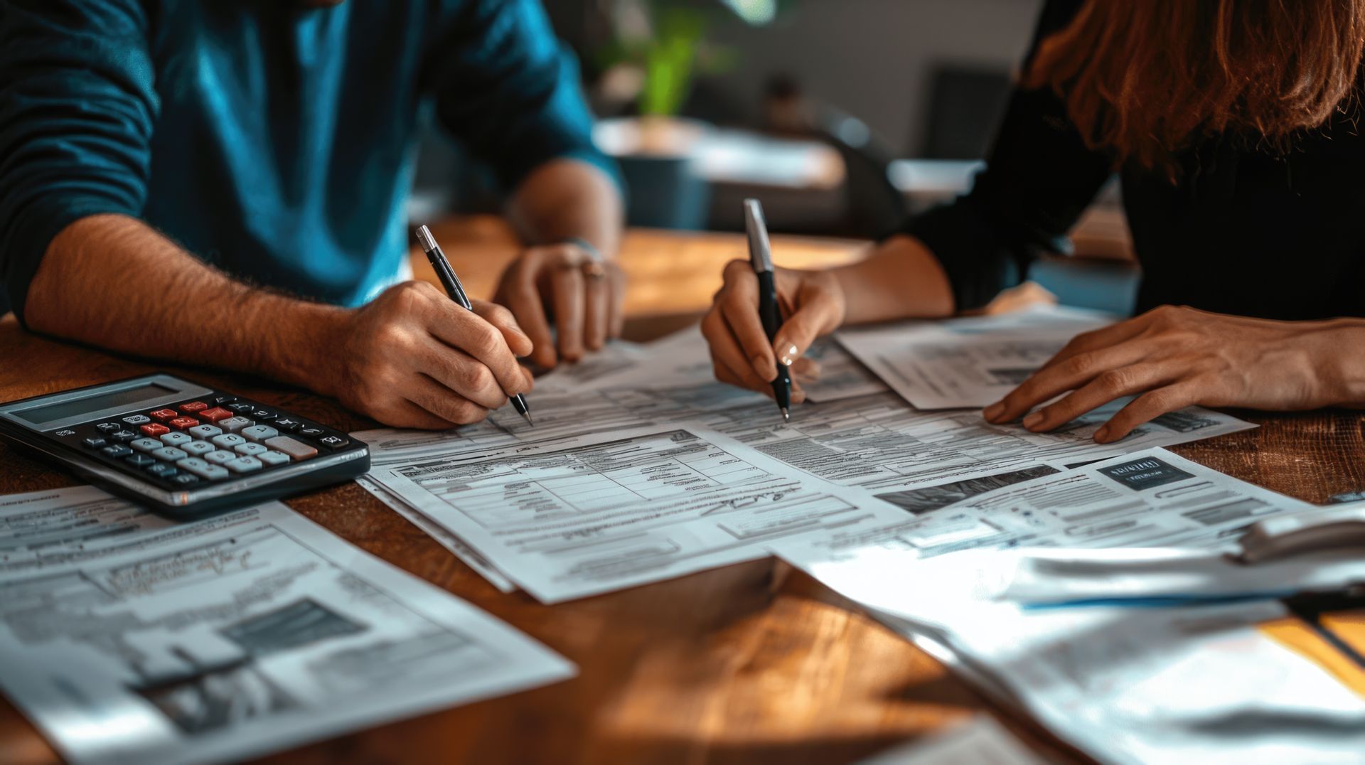 A man and a woman are sitting at a table with papers and a calculator.