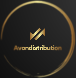 Avondistribution logo in a gold circle on a black background