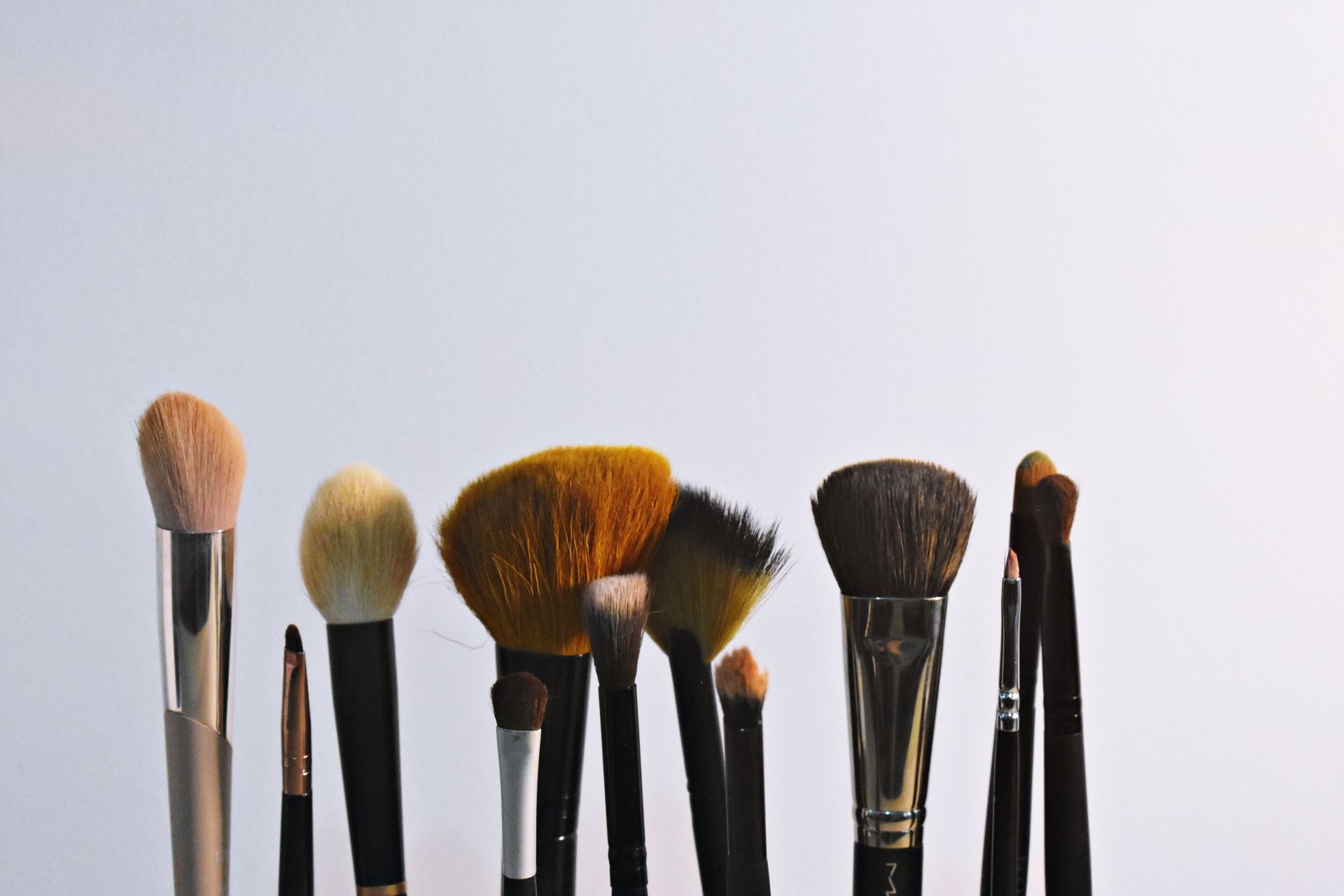 A bunch of makeup brushes are lined up in a row on a white background.