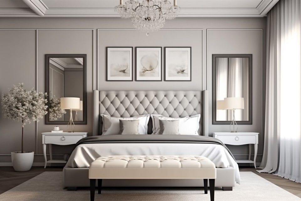 Elegant gray bedroom with tufted bed, mirrored nightstands, bench, and framed wall art