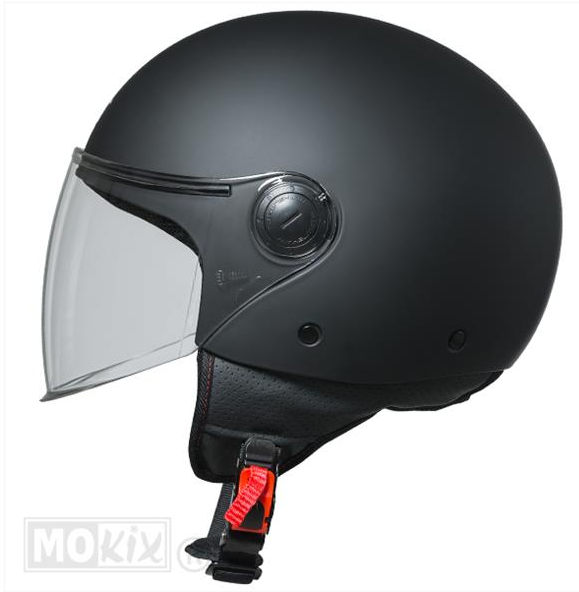 Zwarte open motorhelm met een transparant vizier en een rode gesp.