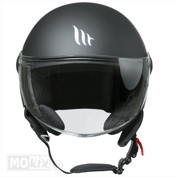 Zwarte open motorhelm met een transparant vizier en een rode gesp.