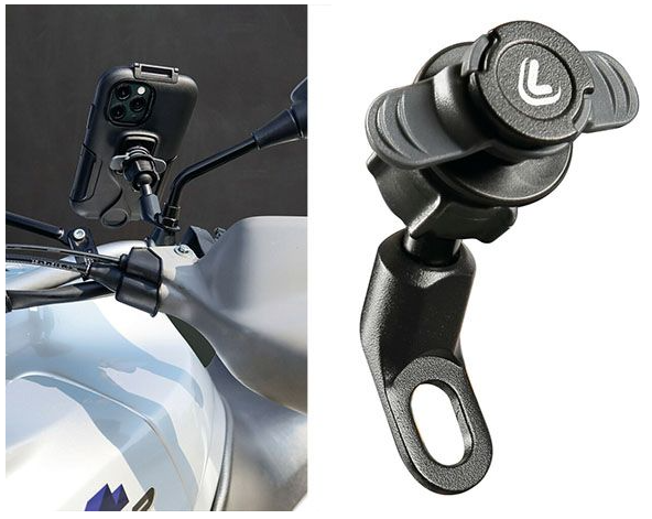 Telefoonhouder voor op de motorfiets, te bevestigen aan het stuur en de spiegel. Zwarte houder voor een telefoon.