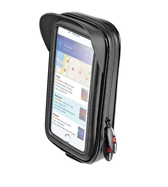 Zwarte smartphonehoes met zonneklep, waarop een kaartapp te zien is.