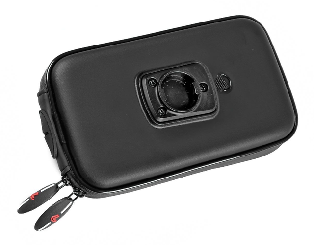 Zwarte smartphonehoes met zonneklep, waarop een kaartapp te zien is.