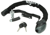 Zwart fietsslot met ketting, sleutels en bevestigingsmateriaal.