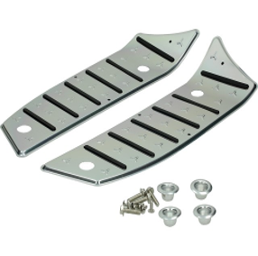 Set van twee zilverkleurige metalen motorfietsvoetsteunen met rubberen strips en bevestigingsmateriaal.