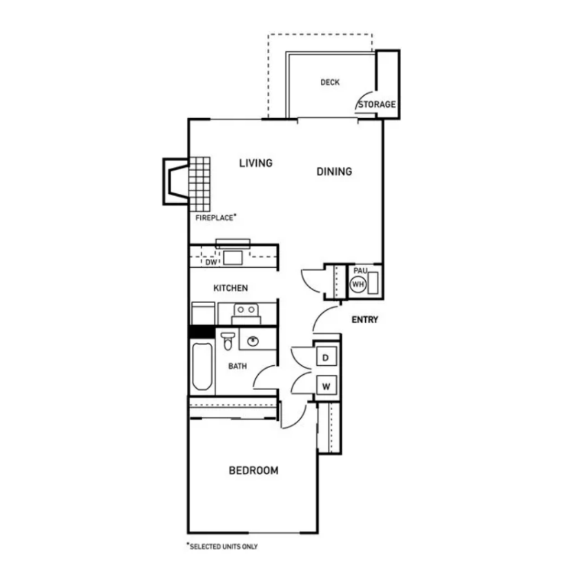Black-and-white apartment floor plan with labeled living, dining, kitchen, bath, bedroom, entry, and storage areas