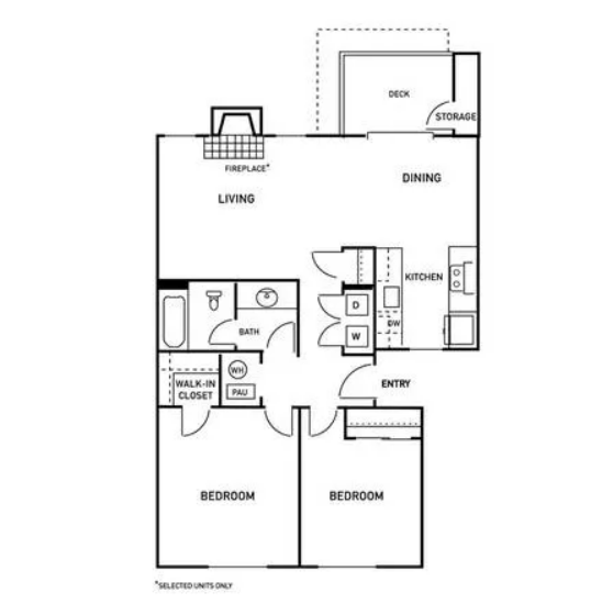 Black-and-white floor plan of a two-bedroom apartment with living, dining, kitchen, bath, and storage areas
