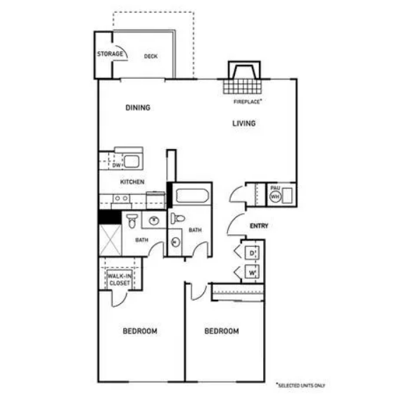 Black-and-white apartment floor plan with kitchen, dining, living room, entry, bath, and two bedrooms.