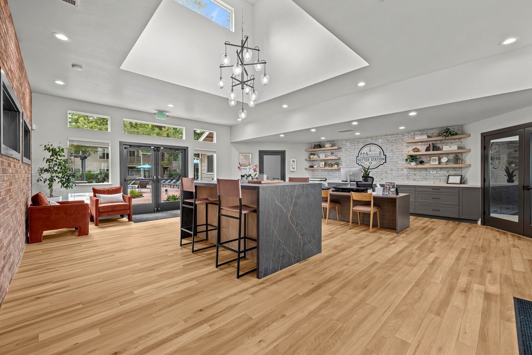 Open-concept modern kitchen and living room with wood floors, gray cabinets, and large windows.