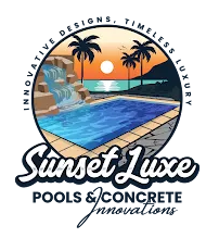 Sunset Luxe Pools & Concrete logo: pool with waterfall, palm trees, ocean view, sunset.