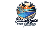 Logo: Sunset Luxe Pools. Pool with waterfall, sunset over the ocean, palm trees.