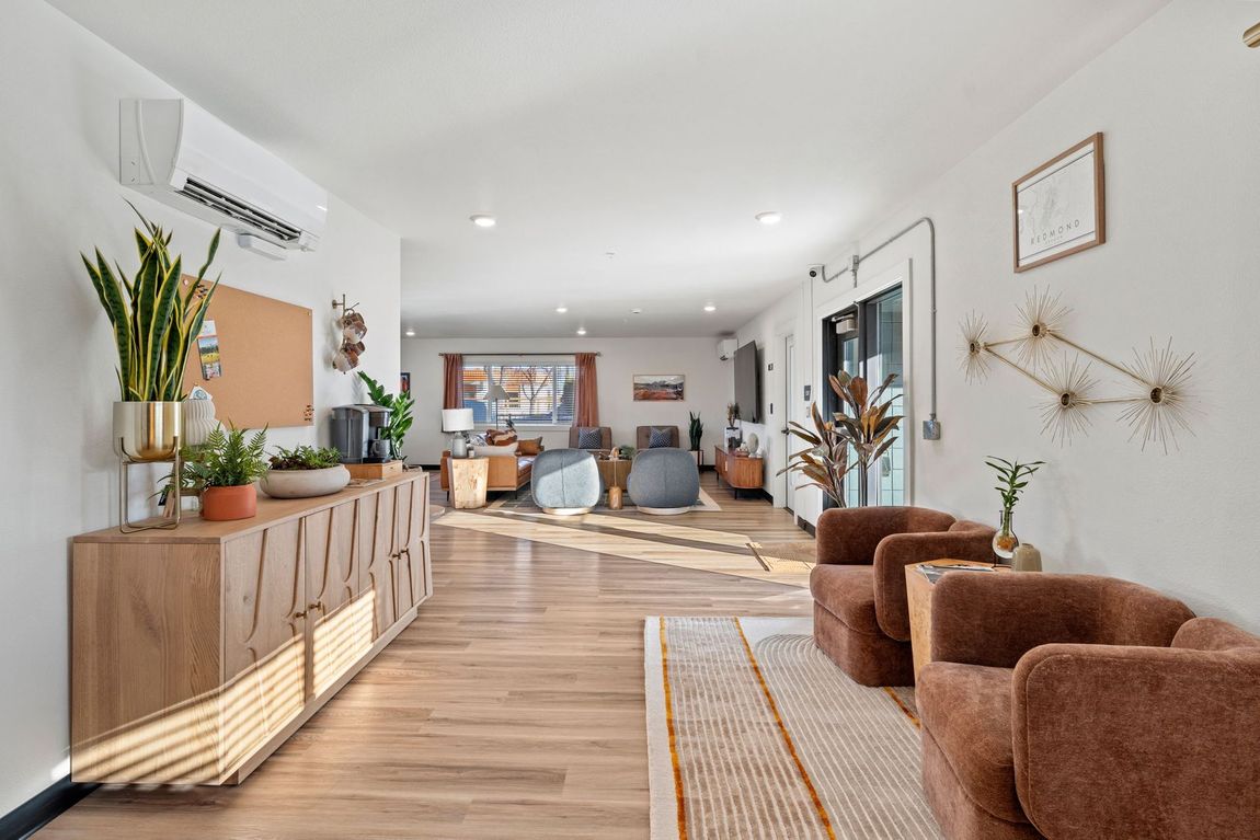 A living room with two chairs , a dresser , and a rug.