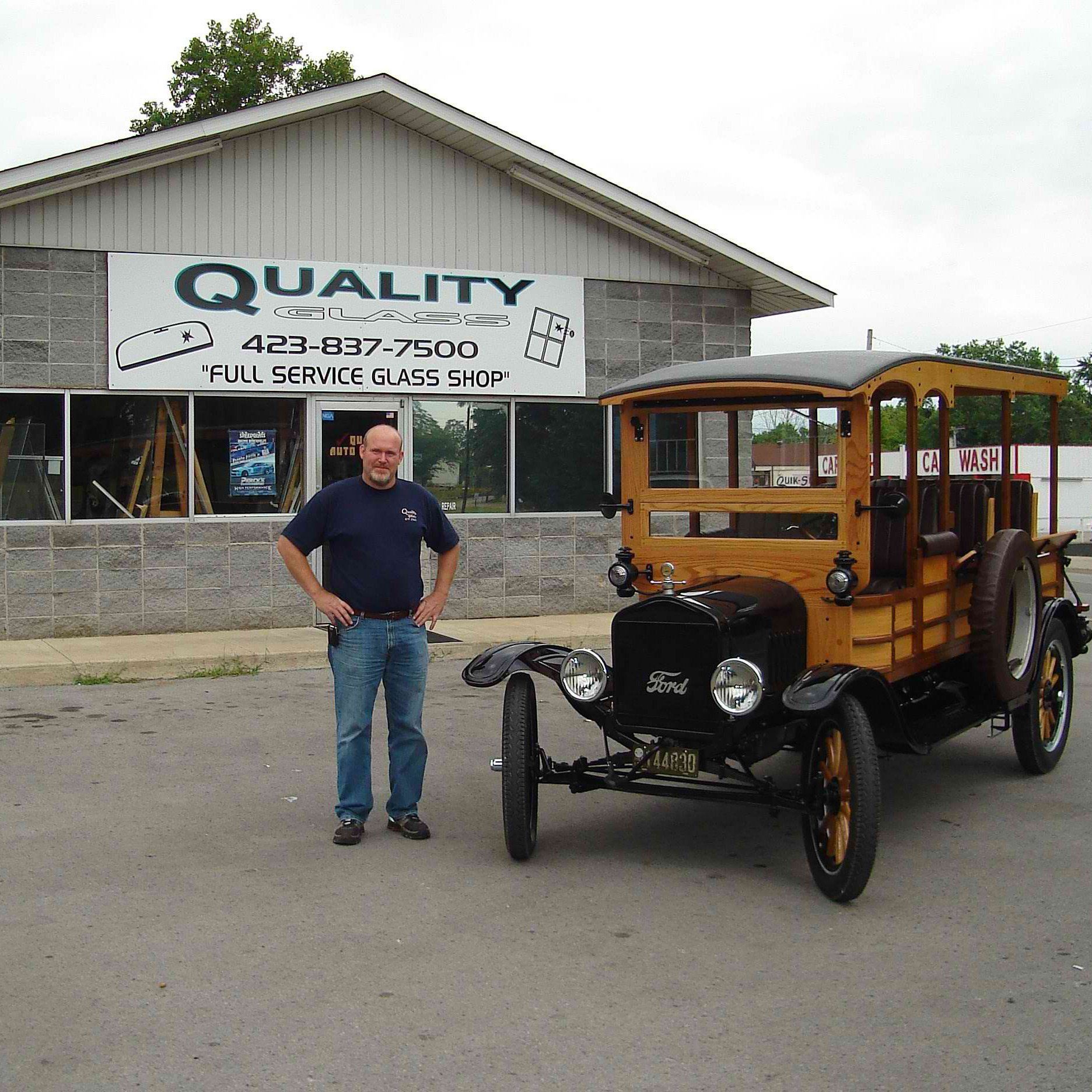 Quality Glass Owner Standing Beside Old Model Car — South Pittsburg, TN — Quality Glass