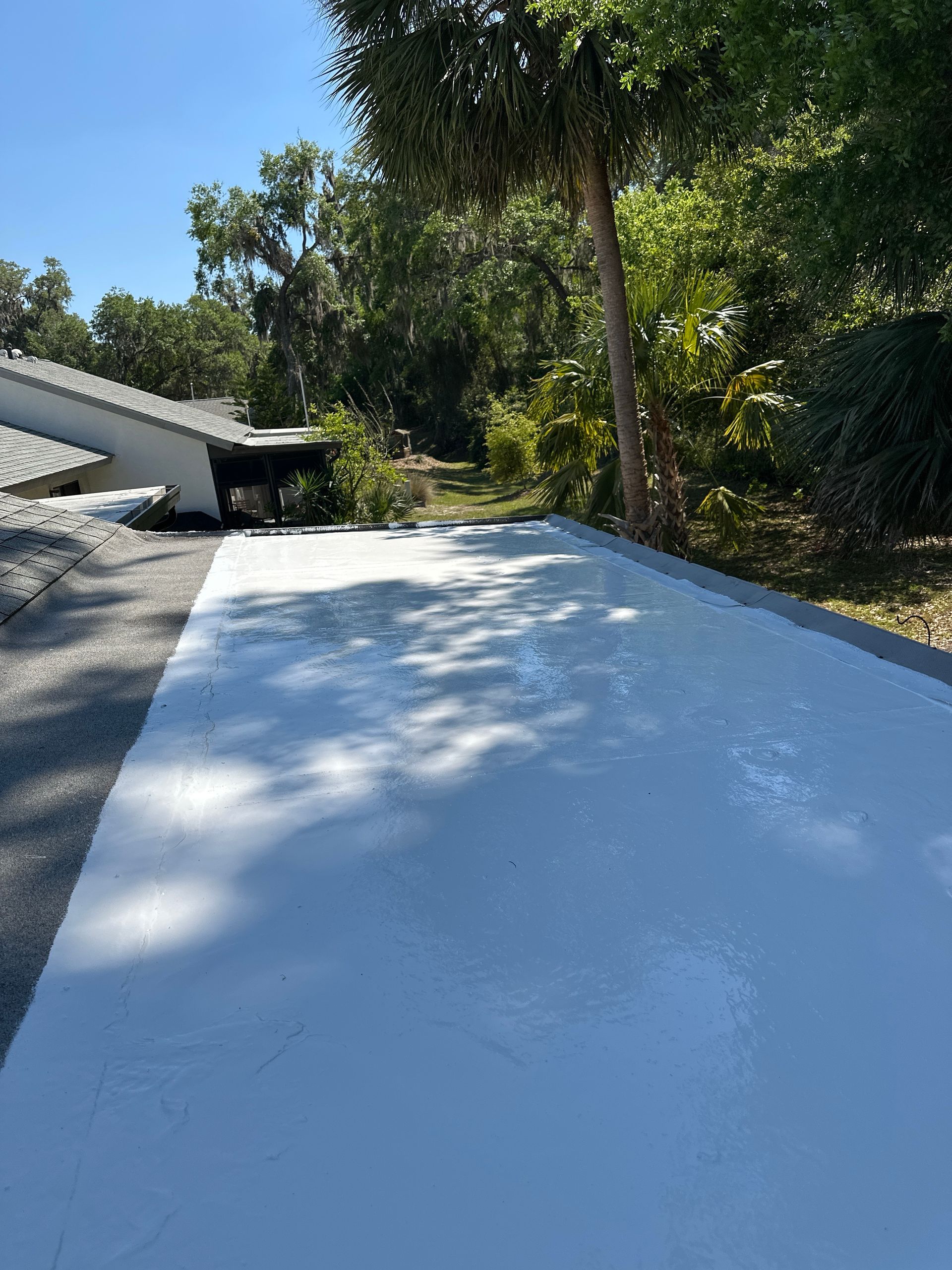 A white driveway with trees in the background and a house in the background.