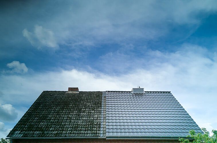 There is a picture of a roof before and after being cleaned.