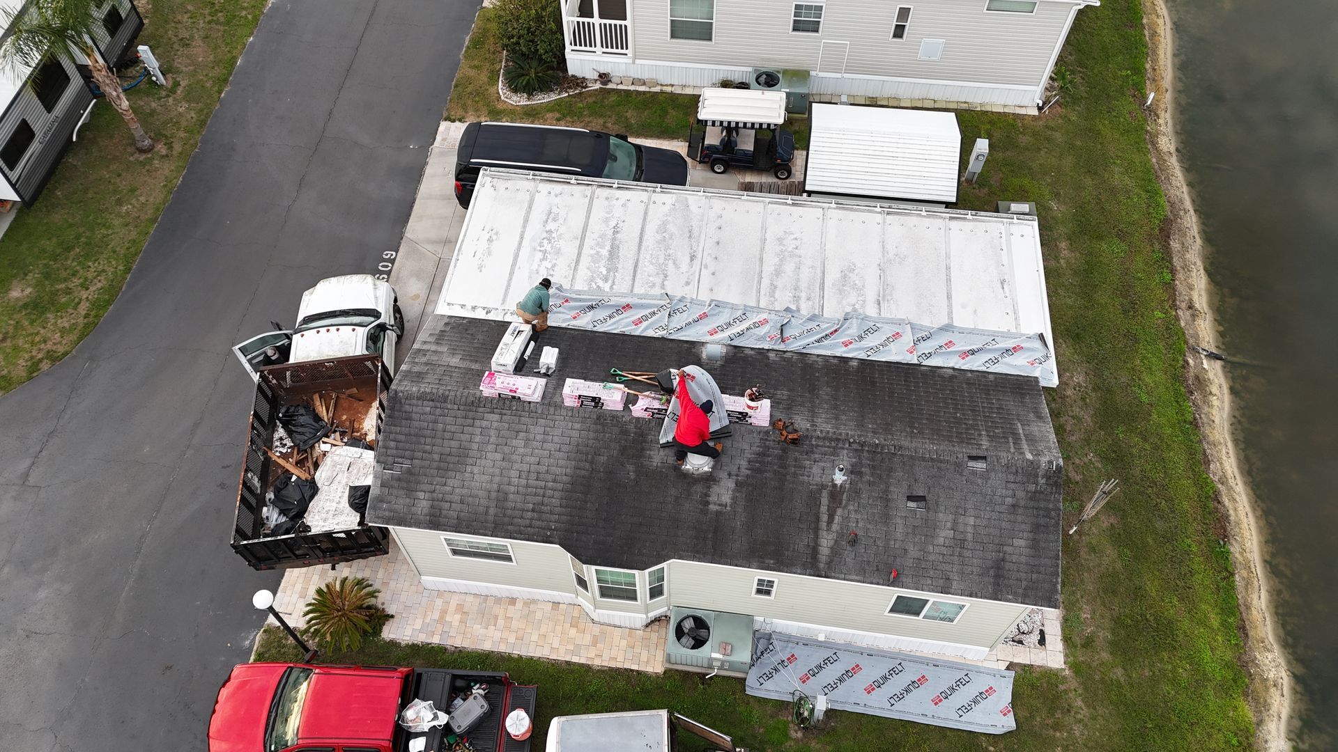 An aerial view of a mobile home being remodeled.