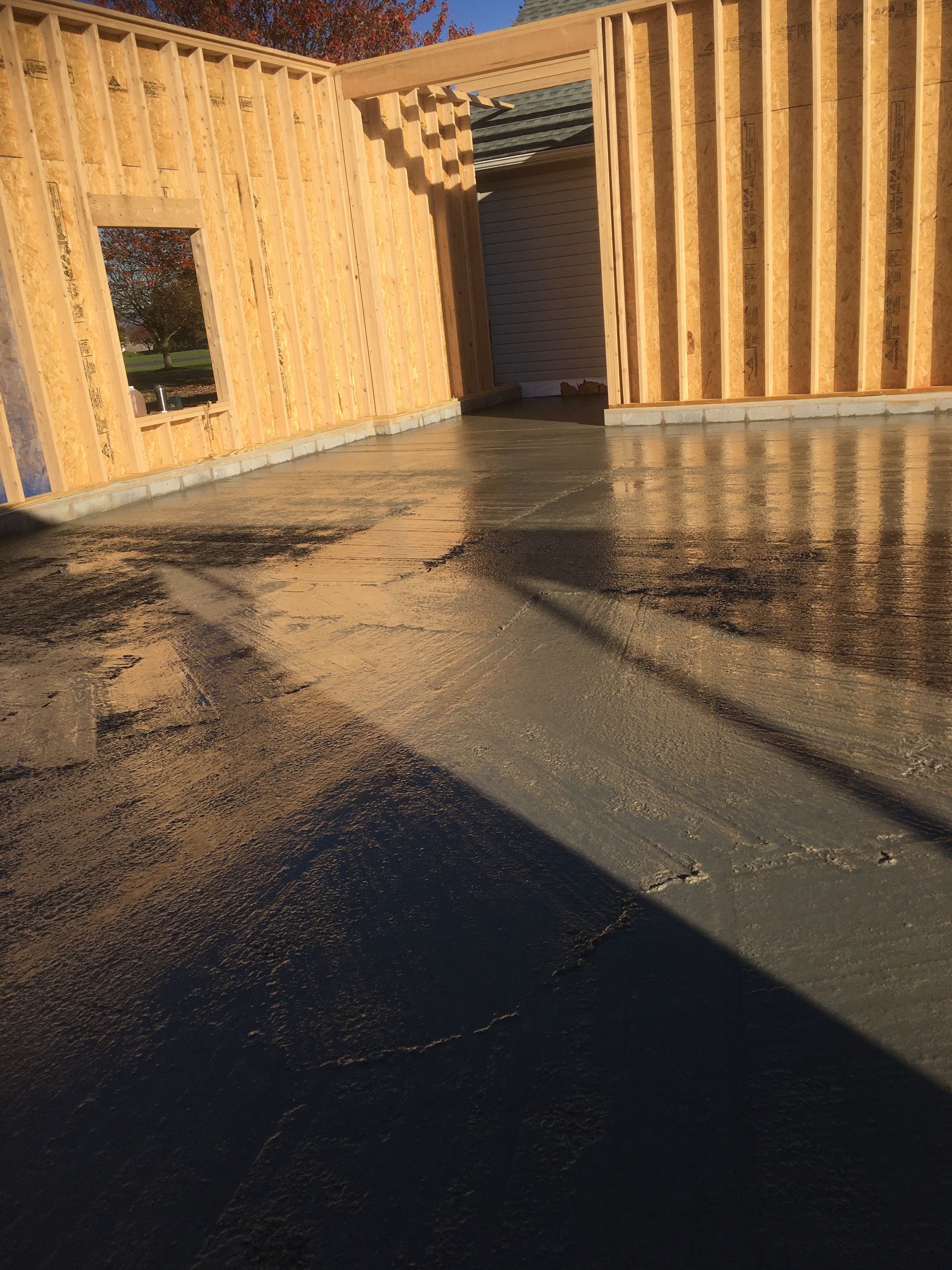 Freshly poured concrete floor inside a wood-framed structure, reflecting sunlight.