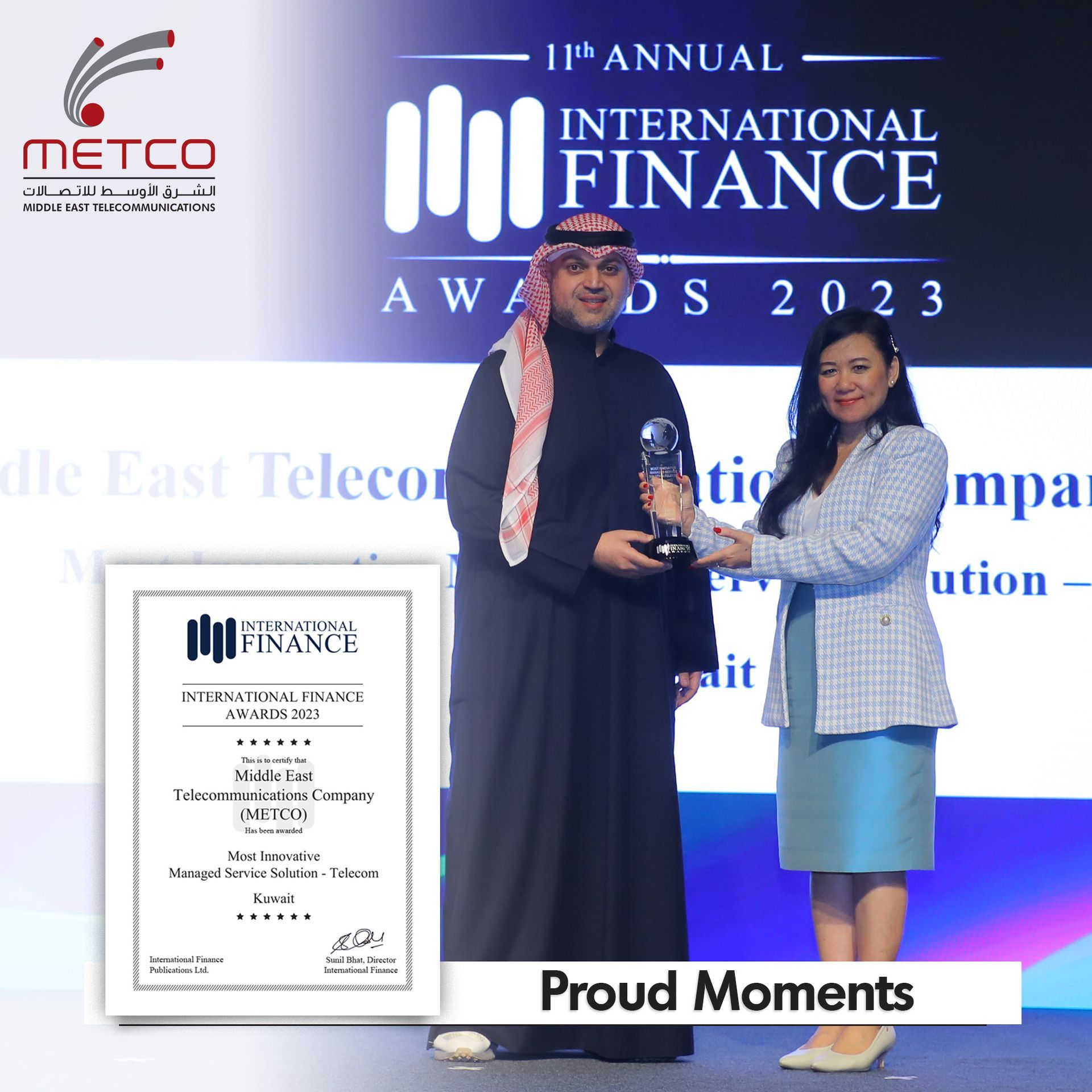 A man is receiving an award from a woman at the international finance awards