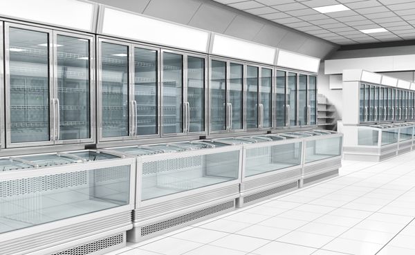 Empty commercial refrigeration cases lined up in a clean supermarket with overhead lighting