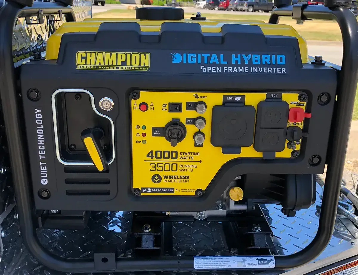 A champion digital hybrid generator is sitting on top of a trailer