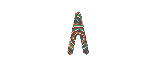 Colorful Aboriginal art boomerang against white background.