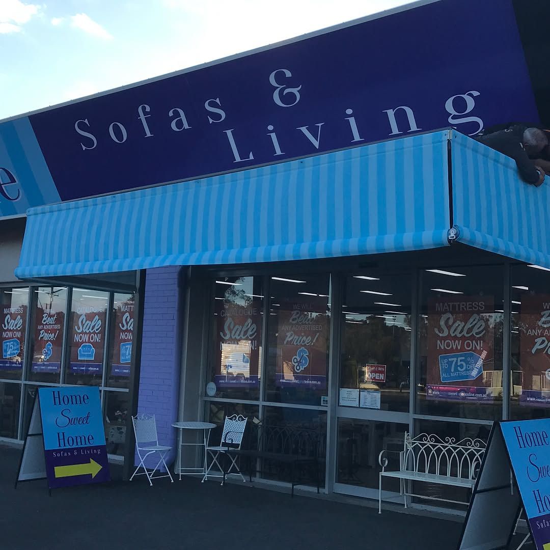 Exterior Of Sofas & Living Store With Blue Awning — JSF Interiors Goulburn in Southern Highlands, NSW