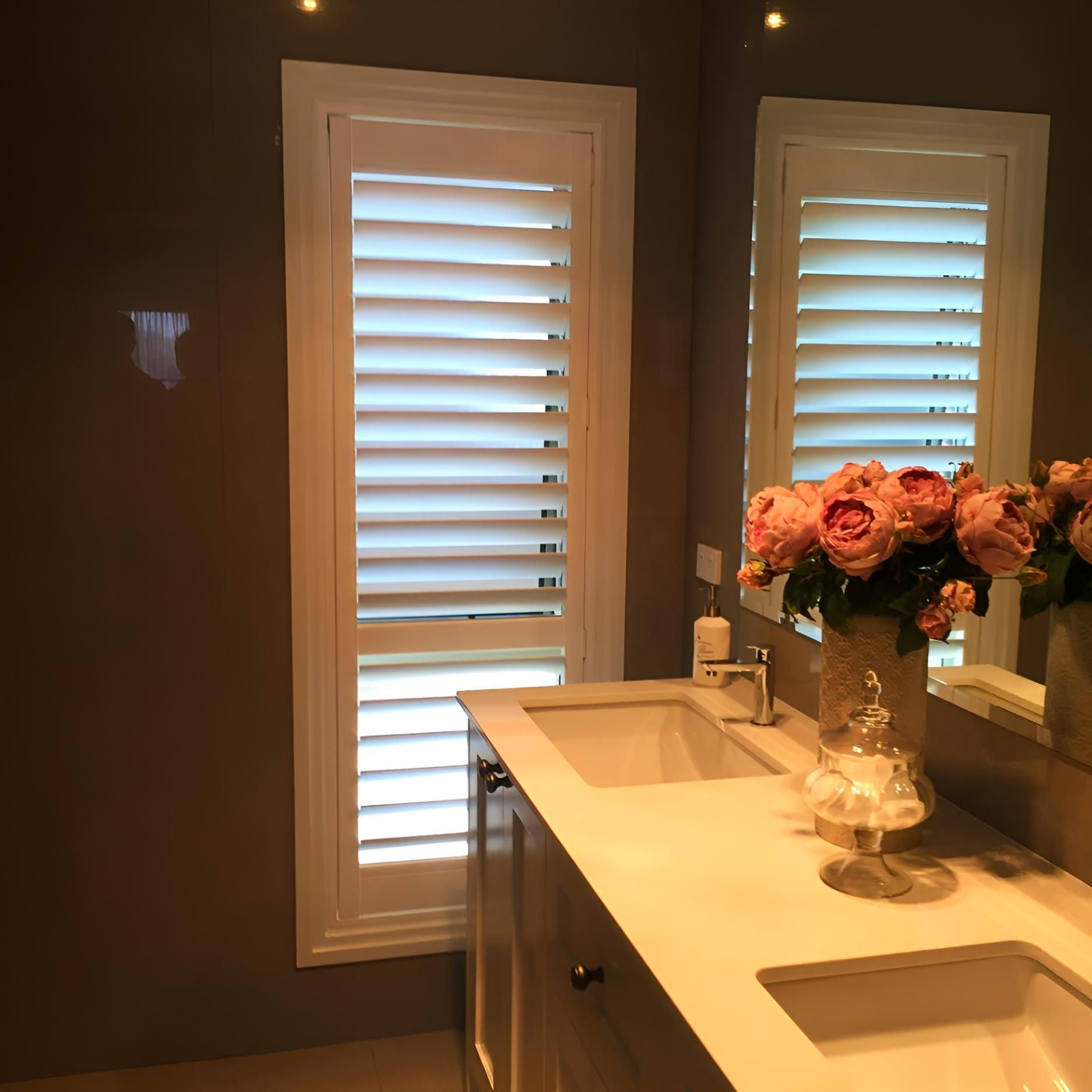 Bathroom With White Shutters And Double Sinks — JSF Interiors Goulburn In Kiama, NSW