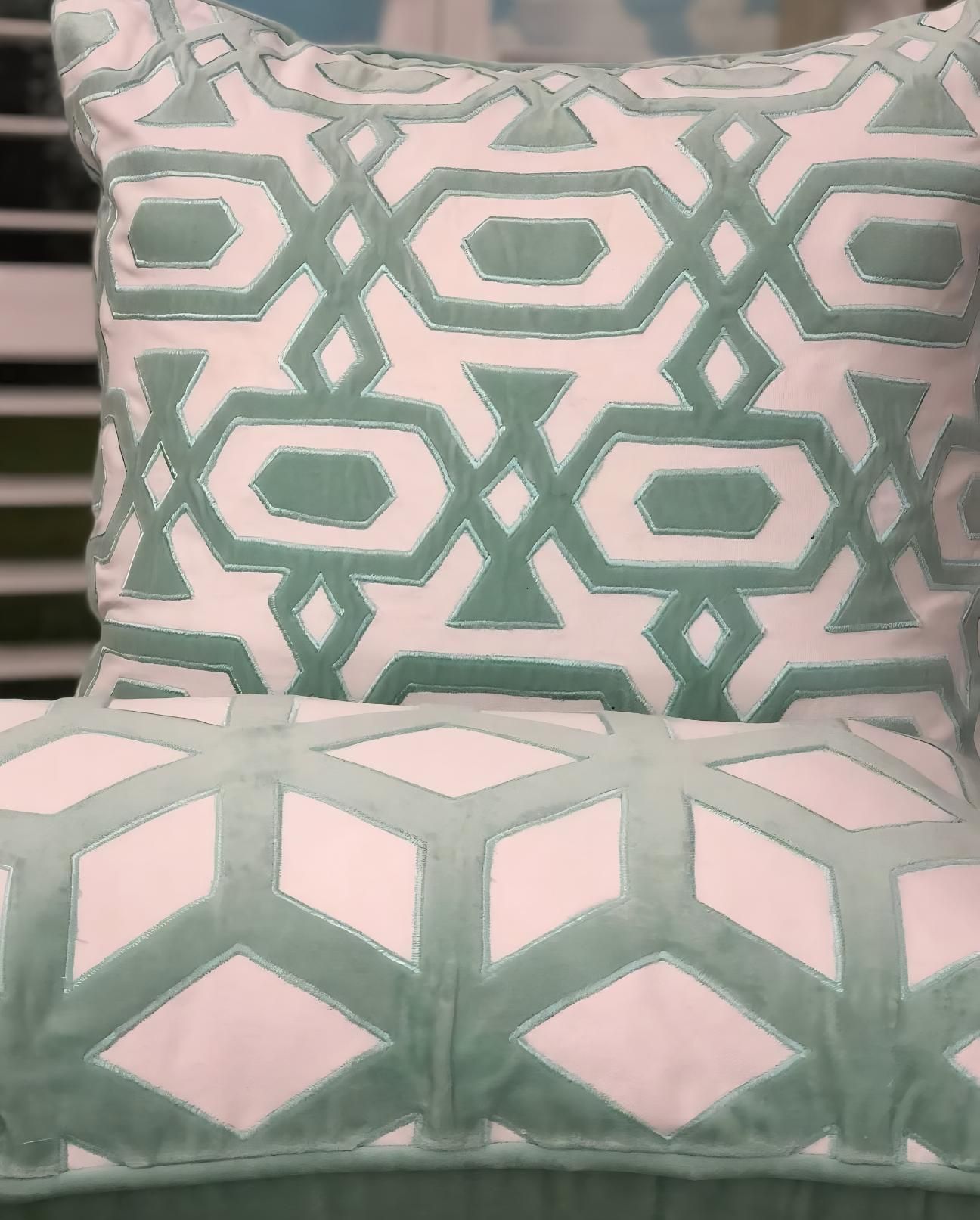 Two Decorative Throw Pillows With Teal And White Geometric Patterns — JSF Interiors Goulburn in Goulburn, NSW