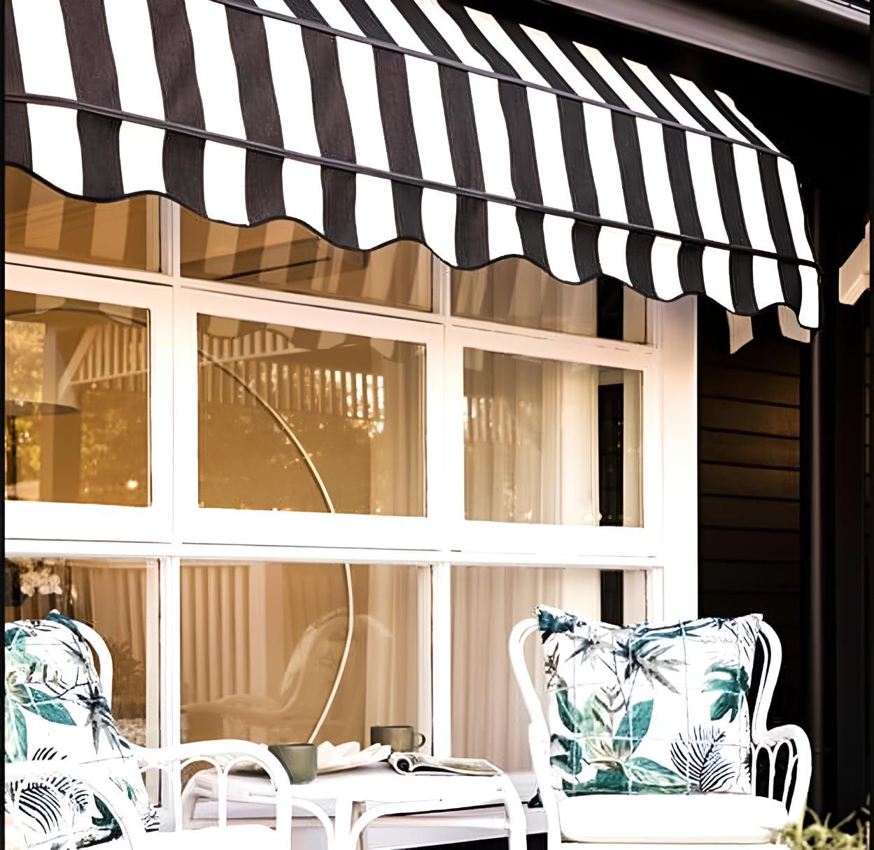 Striped Awning Over Window With Outdoor Seating — JSF Interiors Goulburn In Kiama, NSW