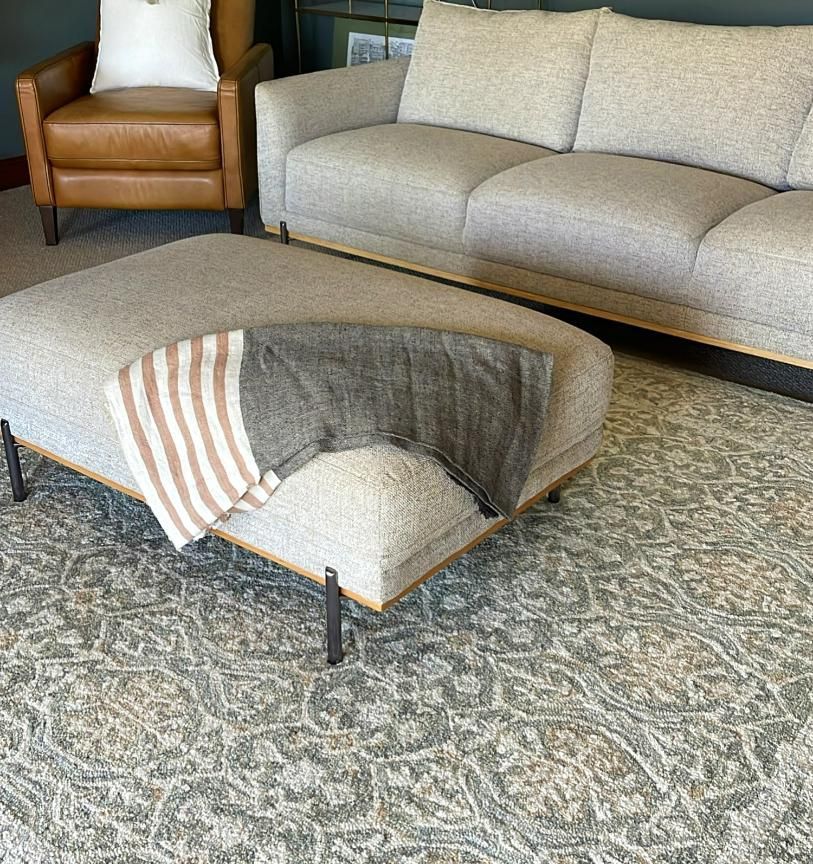 Living Room With Gray Sofa And Patterned Rug — JSF Interiors Goulburn in Goulburn, NSW