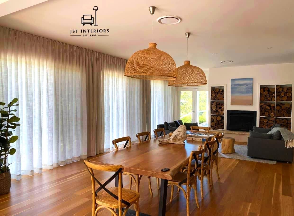 Dining Room With Wooden Table And Woven Pendant Lights — JSF Interiors Goulburn in Mittagong, NSW