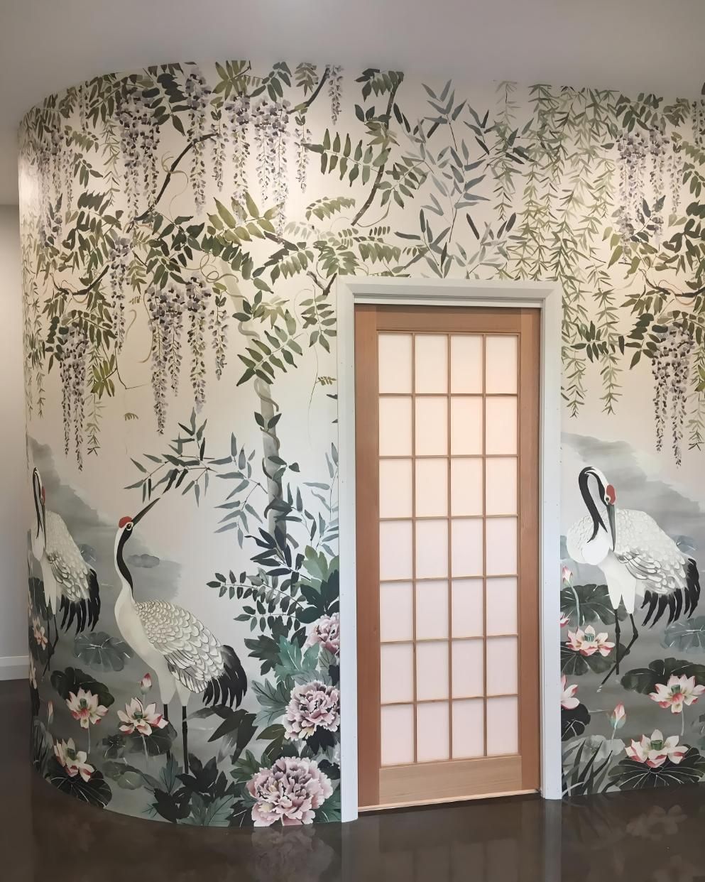 Curved Wall With Floral Mural And Japanese-Style Door — JSF Interiors Goulburn in Goulburn, NSW