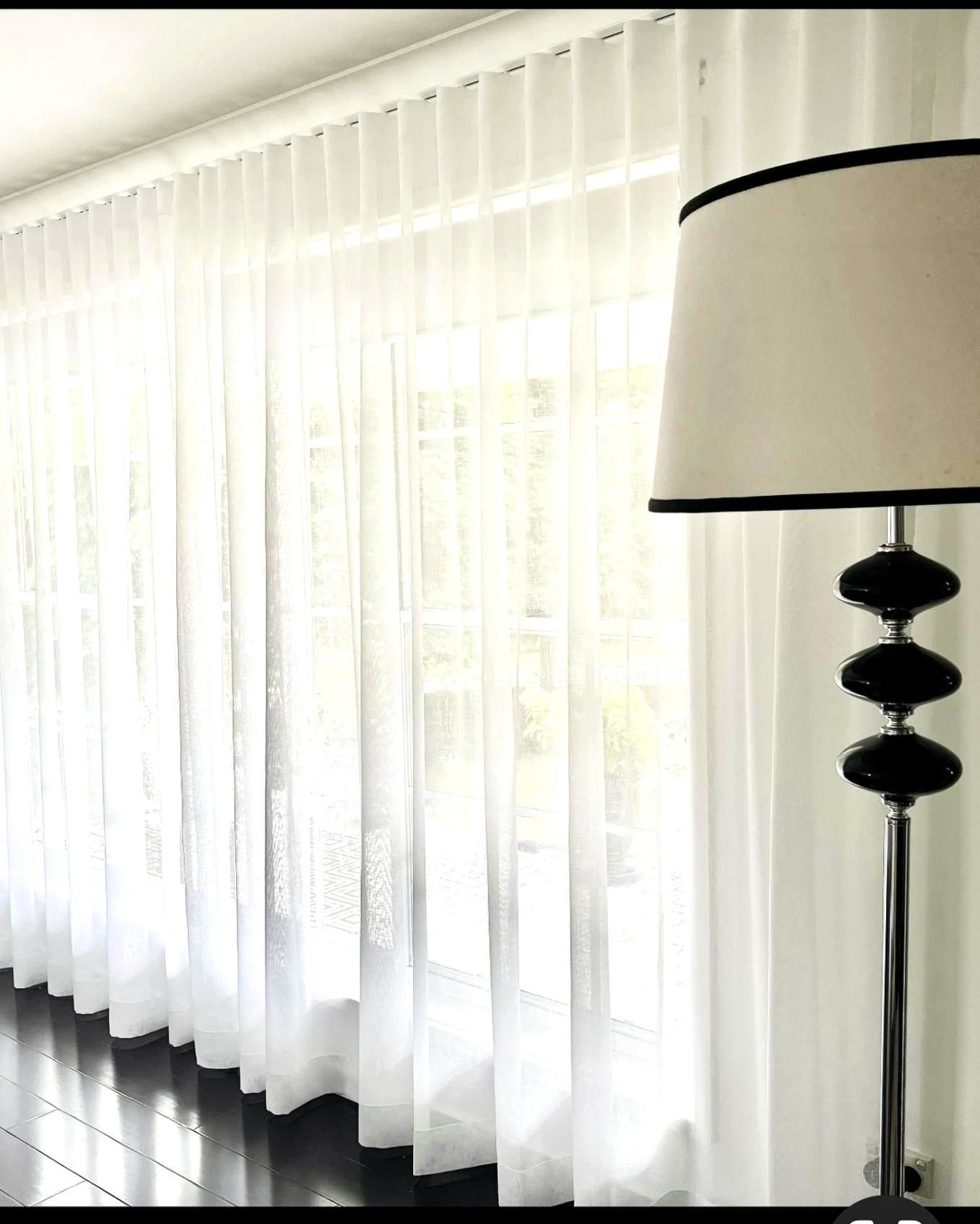 Sheer White Curtains With Black Chrome Floor Lamp — JSF Interiors Goulburn in Southern Highlands, NSW