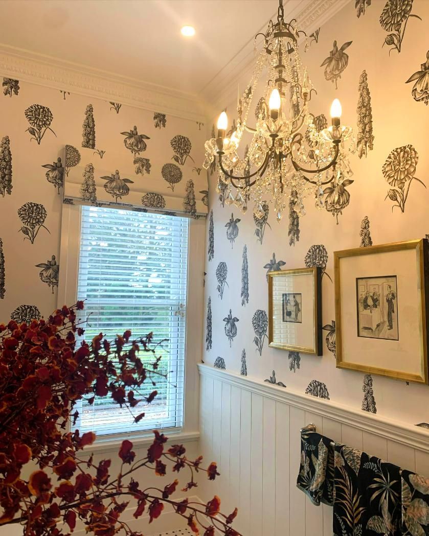 Charming Hallway With Floral Wallpaper And Chandelier — JSF Interiors Goulburn in Mittagong, NSW