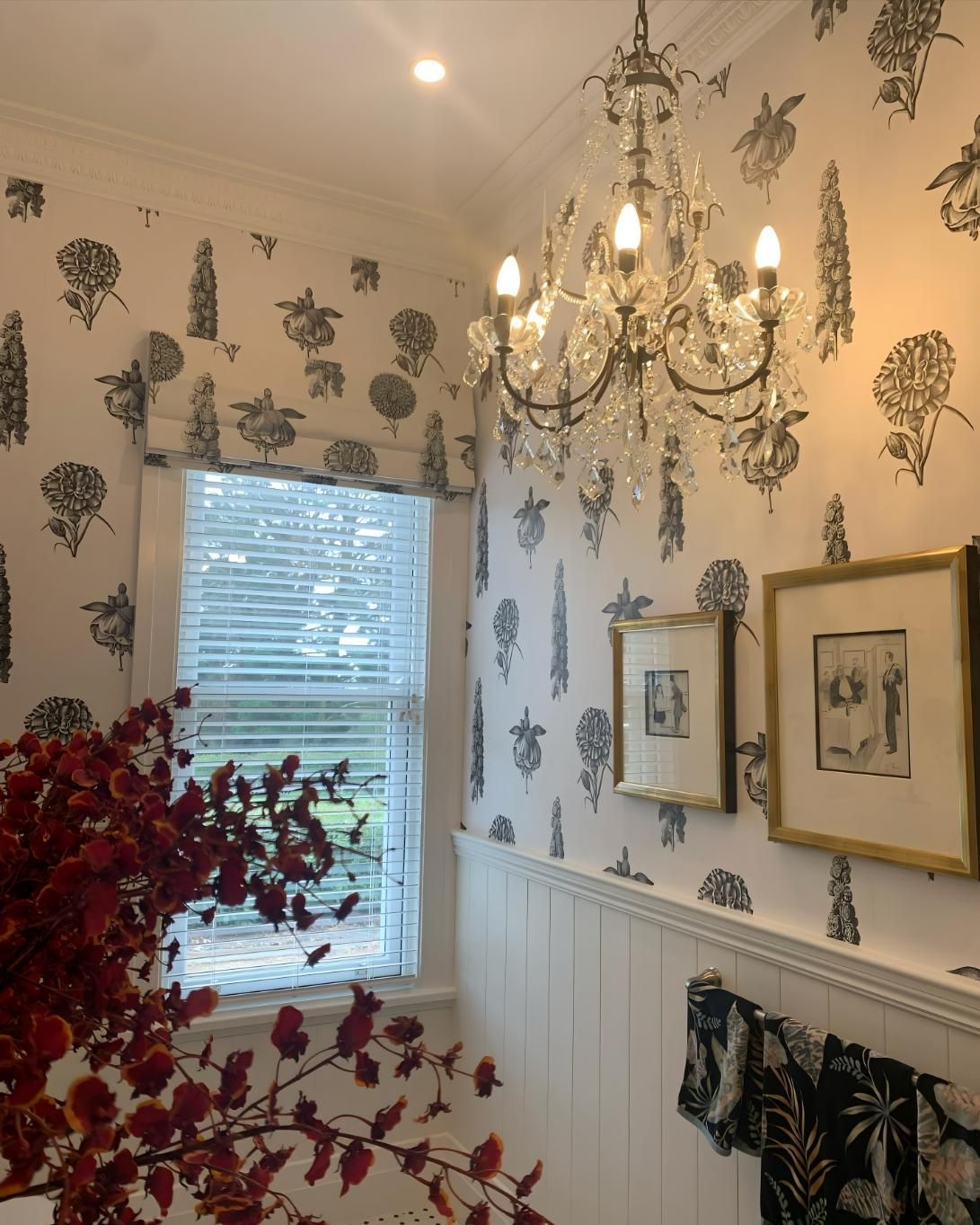 Hallway With Botanical Wallpaper And Crystal Chandelier — JSF Interiors Goulburn in Goulburn, NSW