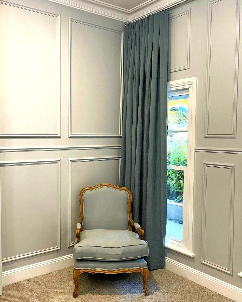 Room Corner With Blue Chair And Curtain — JSF Interiors Goulburn in Mittagong, NSW
