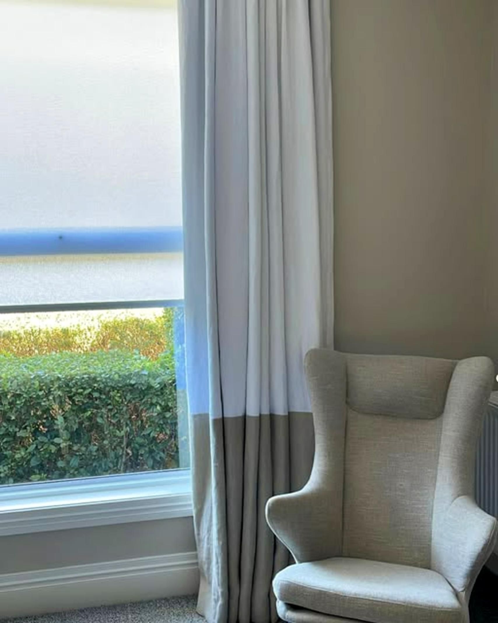 Window With White And Gray Color Block Curtains — JSF Interiors Goulburn in Goulburn, NSW